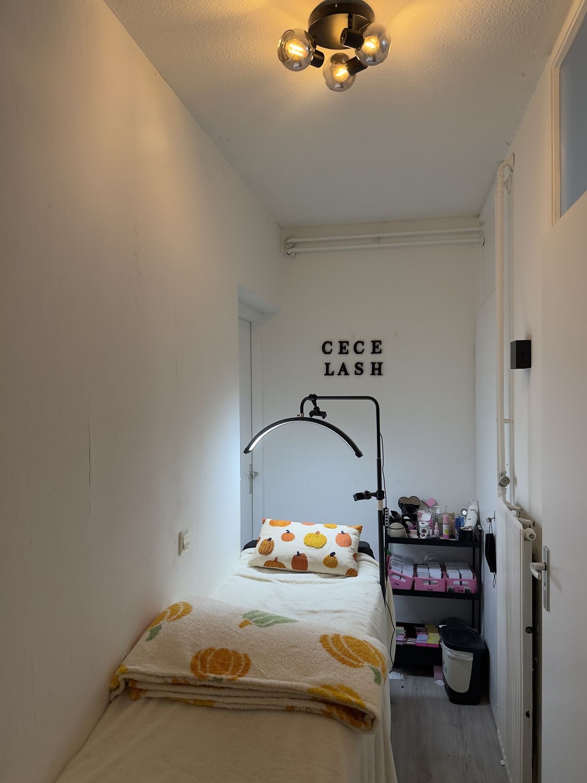 De smalle behandelkamer met het ligbed, een kussen en deken met pompoenen, en de lamp