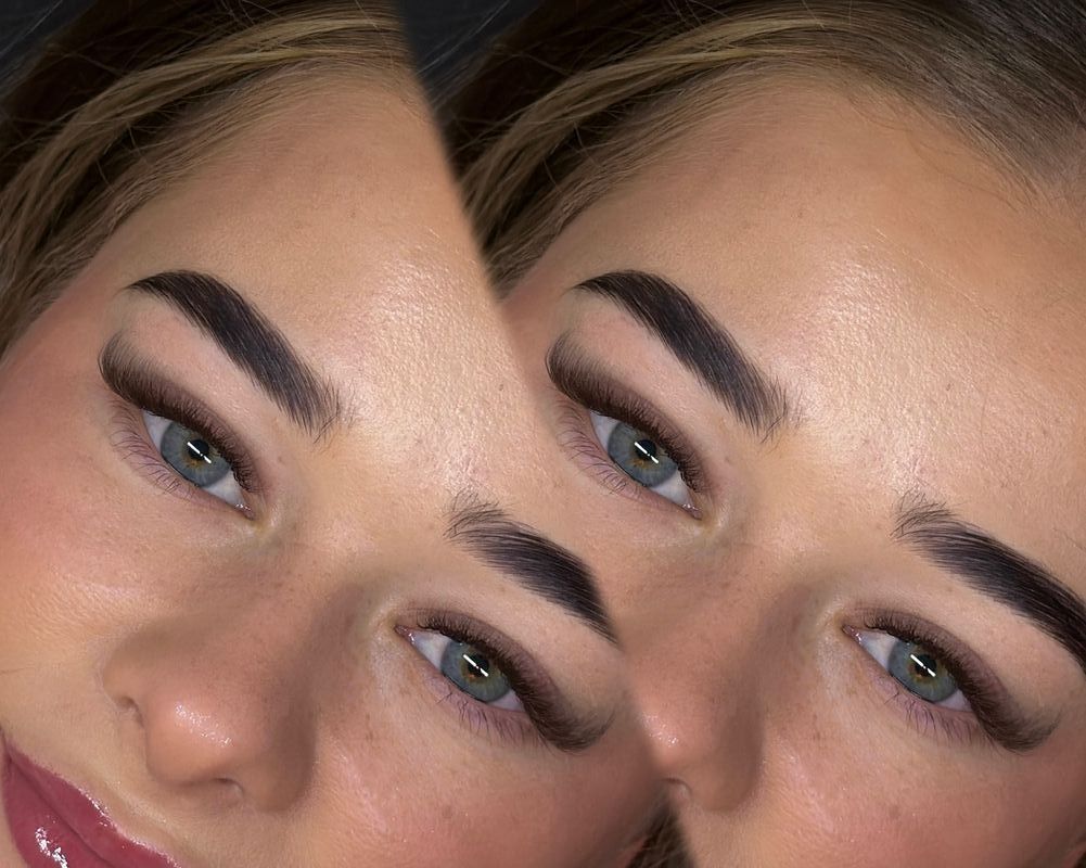 Twee opnames van een complete set op beide ogen, met gestylede wenkbrauwen